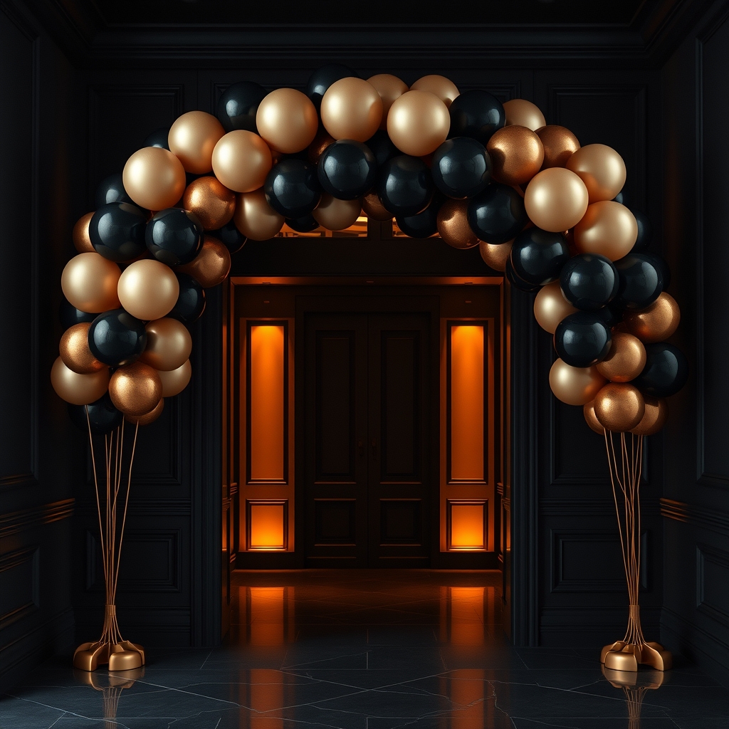 Balloon arch in black, cream, and copper over an entryway