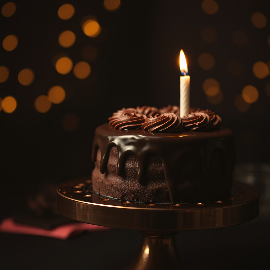 Birthday cake on copper stand with chocolate ganache