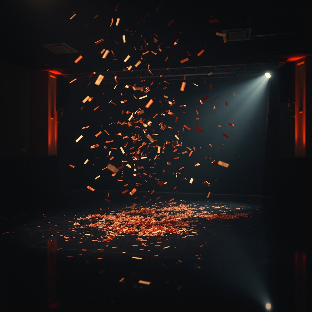 Copper and cream confetti mid-drop over an empty dance floor