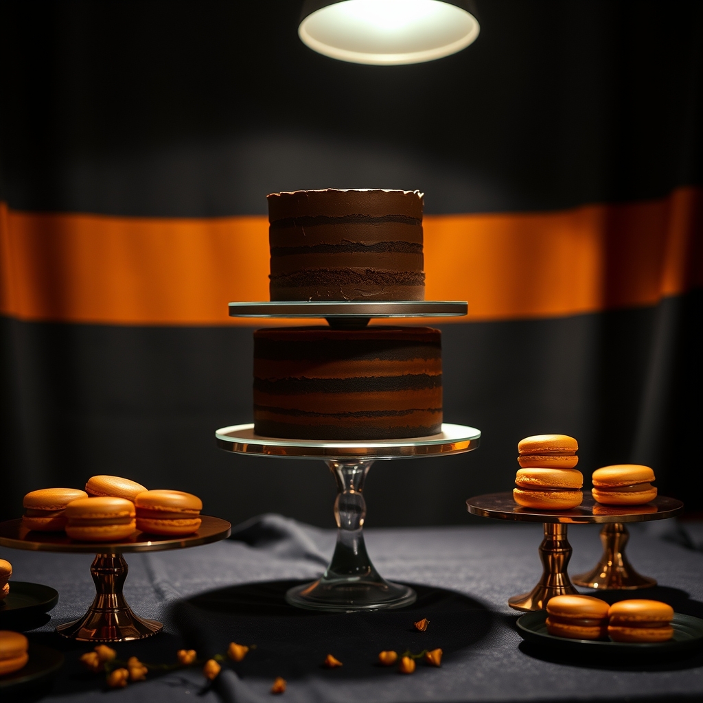 Two-tier dessert table with chocolate cake and macarons on copper stands, dark cloth backdrop.