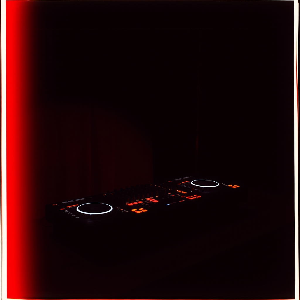 Empty DJ booth in a dark event space with colored LED underglow in warm amber.