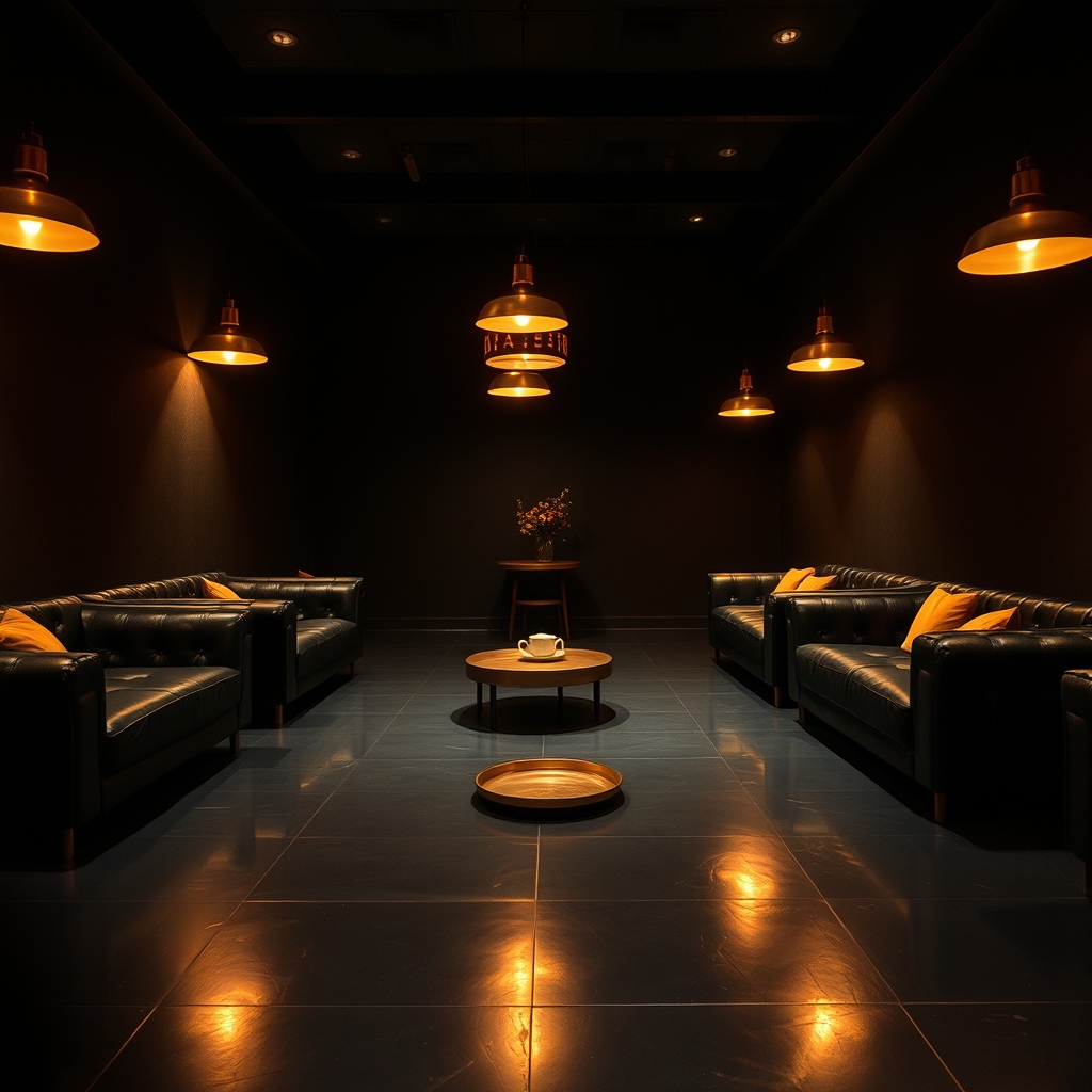Upscale birthday party lounge at night, copper pendant lights over black leather booths, terracotta cushions.
