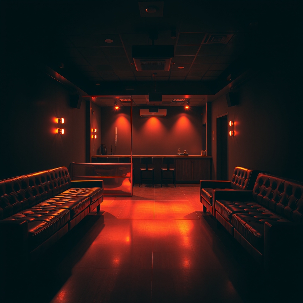 Party lounge divided into two zones by a copper partition
